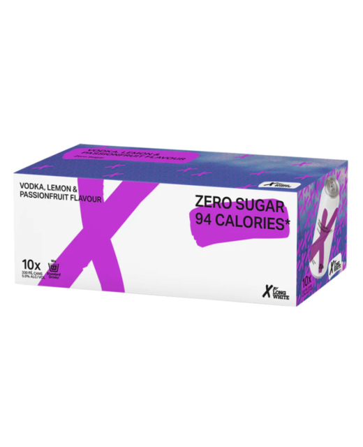 X by Long White Zero Sugar Vodka, Lemon & Passionfruit 10pk cans